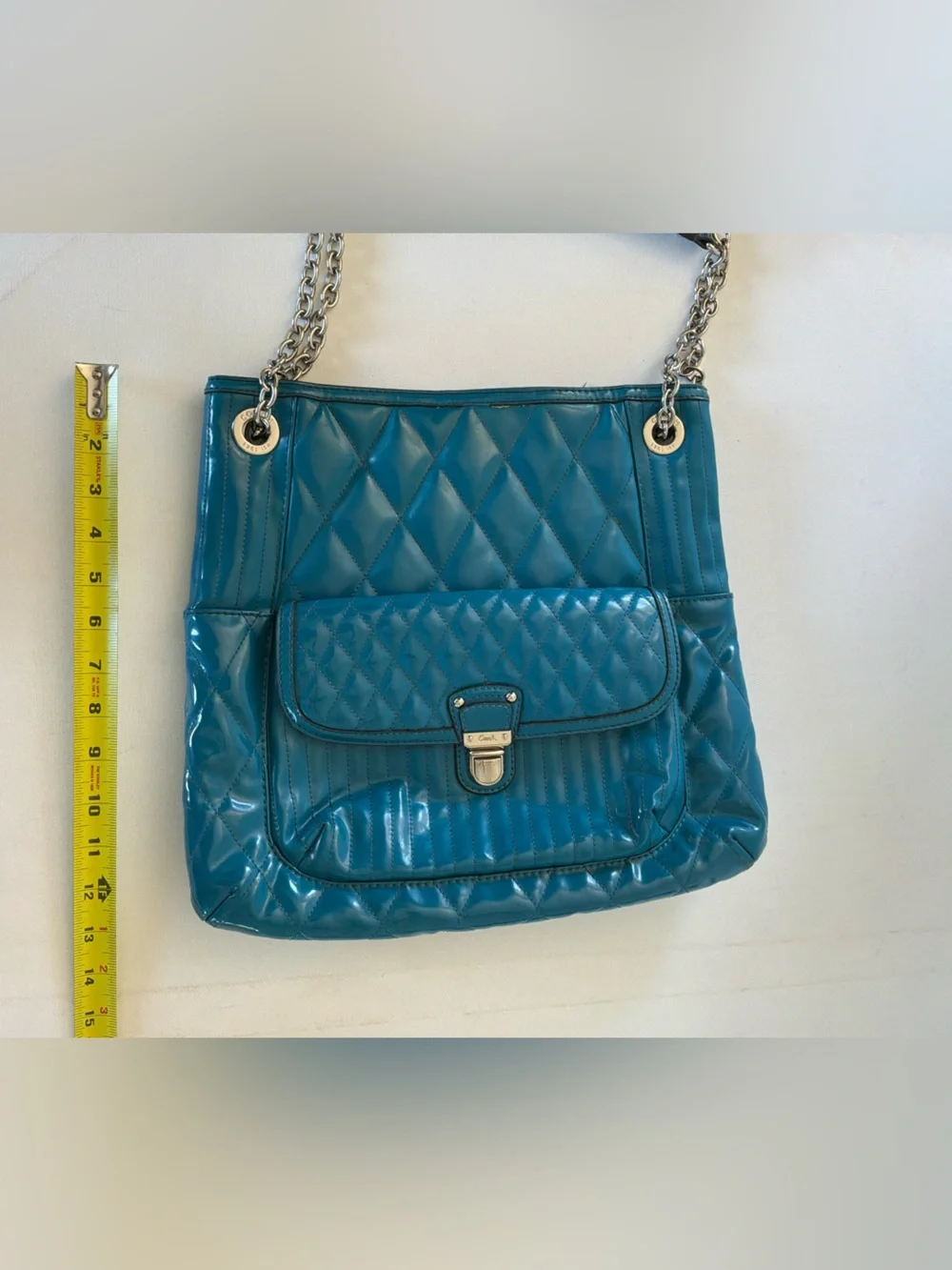 Coach Ashley Teal Patent Leather Quilted Tote Shoulder Bag Chain Strap Large